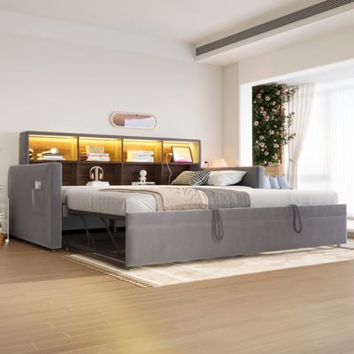DESMIU Gestoffeerd Bed 90x190cm - Uitschuifbaar Slaapsofa Met Opbergvak In Hoofdbord En Oplaadpunten - Voor Logeerkamer En Slaapkamer - Velvet - Zonder Matras - Donkergrijs