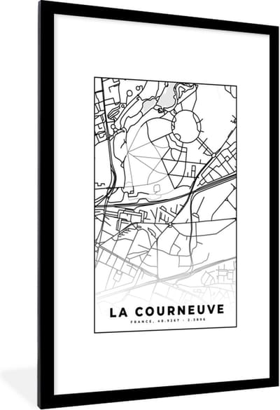 Fotolijst incl. Poster Zwart Wit- Stadskaart - Plattegrond - Kaart - Frankrijk - La Courneuve - Zwart wit - 80x120 cm - Posterlijst