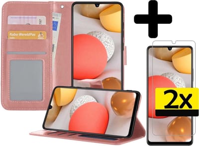 Hoesje - Met 2x Screenprotector - Geschikt voor Samsung Galaxy A42 - Luxe Pasjeshouder - Bookcase Portemonee - Flip Case - Kunstleer Book Case - Flipcase Hoes - Book Cover - Walletcase - Portemonneehoes - Telefoonhoesjes - Rosé goud