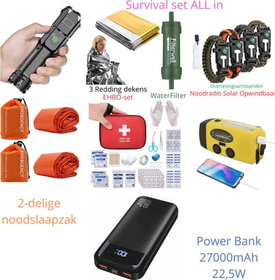 PolkaHome Noodpakket Compleet – Survivalset – Noodpakket voor Thuis en Oorlog – Outdoor Survival Kit – Noodgeval (Inclusief Noodradio, Waterfilter, EHBO-kit, Overlevingsarmbanden, Powerbank, Reddingsdekens, en Noodslaapzakken)