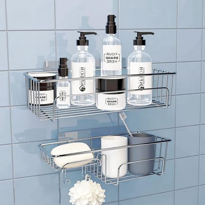 Set van 2 Wandplanken voor de Douche, Geen Boren Nodig, Roestvrij, Badkamer Organizer met Zeepbakje en Shampoohouder, Ideaal voor Douche, Keuken en Wasruimte met 2 Haken