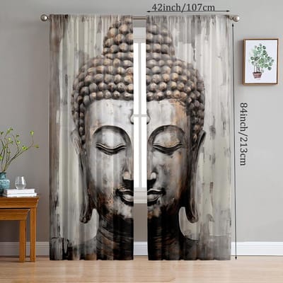2 stuks- Boeddhistische Boeddha hoofd bescherming polyester gordijnen, gordijnen met stangzak, badkamer, slaapkamer, woonkamer, huis kamer decoratie 42Wx63L(107x160CM)x2