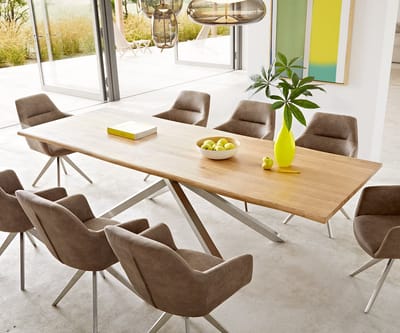 Eetkamertafel Edge eiken natuur 260x100x2,5-3 kruisframe rechthoek roestvrij staal Live-Edge