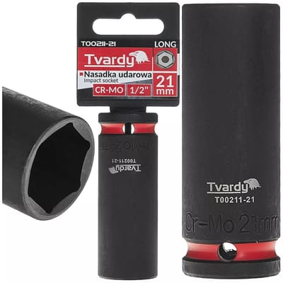 Tvardy Lange slagdop zeskant 21 mm – chroom-molybdeenstaal – 12,7 mm aandrijfvierkant – zwart – voor slagmoersleutel, auto en industrie