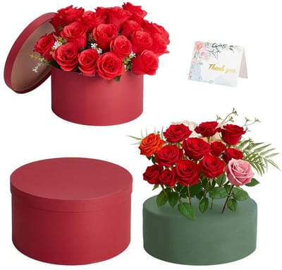 Dailygoods- Geschenkdoos Rood - Ronde Geschenkdoos met Deksel - Bloemenschuimset - 23,4 x 12,5 cm - Wenskaart - Perfect voor Moederdag/Jubileum - Cadeauverpakking