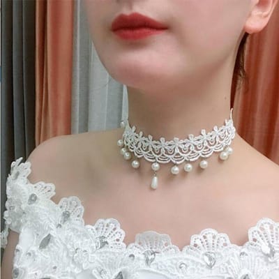Imitatie Parel Wit Kant Choker Kettingen Bruids Sieraden Vrouwen Bruiloft Tattoo Kwastje Punk Stijl Kant Hanger Choker Ketting brown