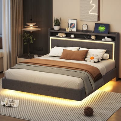 VVBV Gestoffeerd Slaapkamerbed 160x200 cm met LED-Verlichting, USB & Stopcontact - Linnen Grijs