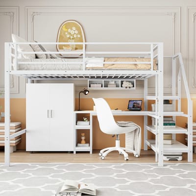 VVBV Ruimtebesparende Hoogslaper 140x200 cm - Bureau, Planken, Trap/Ladder, Kledingkast - Wit - Zonder Matras