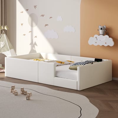 Gestoffeerd eenpersoonsbed 90x200 - Wit platformbed met oplaadstation - Veilig bed met uitvalbeveiliging - Stevig frame - Apparaten opladen - Slaapkamer Wit