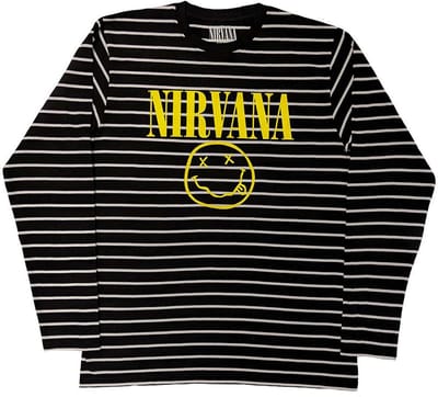 Nirvana - Yellow Happy Face Striped Sweater/trui - M - Zwart/Wit