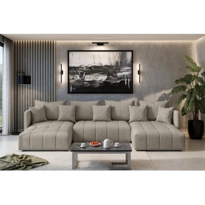 AX LIVING Hoekbank U vorm Veliro 345 cm in Lichtbruin met Bedfunctie