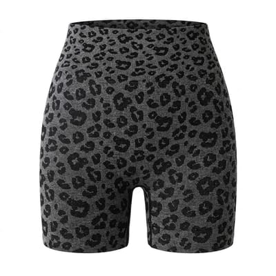 Grijs sport short dames – high waist fitness short – elastische yoga short met luipaardprint – aansluitende workout short voor yoga fitness training en hardlopen – sportieve korte fitness broek – maat S