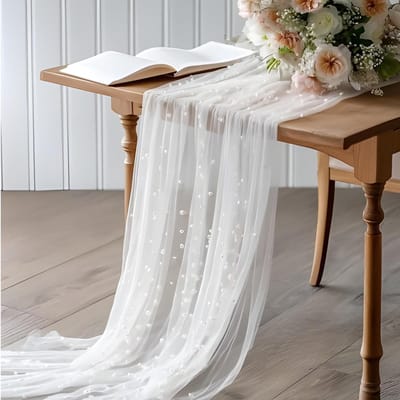 Dailygoods- Tafelloper 300 x 80 cm - Wit Tule met Parels - Tafeldecoratie Bruiloft - Tafeldecoratie Verjaardagsfeest - Elegant Lichtspel - Zorgvuldig Vakmanschap - Tafelkleed