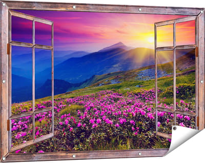 Gards Tuinposter Doorkijk Roze Rhododendron Bloemenveld - Bergen - 120x80 cm - Tuindoek - Tuindecoratie - Wanddecoratie buiten - Tuinschilderij