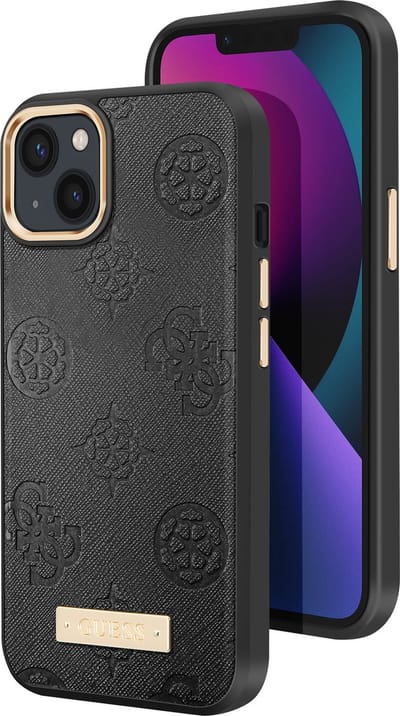 GUESS, Hoesje geschikt voor Apple iPhone 13 - PU Leer Peony Metal Plate MagSafe, Zwart