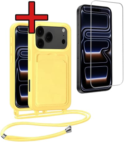 Hoesje Geschikt voor iPhone 17 Pro / 18 Pro Hoesje Met Telefoonkoord en Pasjeshouder Met Screenprotector Siliconen - Hoes Geschikt voor iPhone 17 Pro / 18 Pro Hoesje Met Kaarthouder Case - Geel
