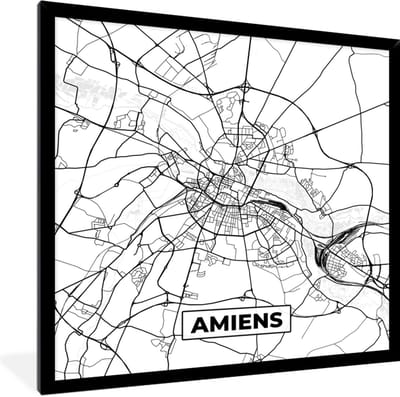Fotolijst incl. Poster Zwart Wit- Amiens - Kaart - Plattegrond - Frankrijk - Stadskaart - Zwart wit - 40x40 cm - Posterlijst