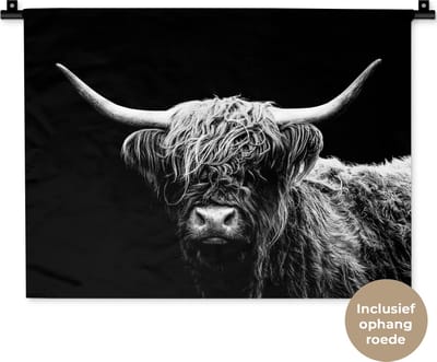 Wandkleed - Wanddoek - Schotse Hooglander - Koe - Zwart - Wit - Dieren - 60x45 cm - Wandtapijt