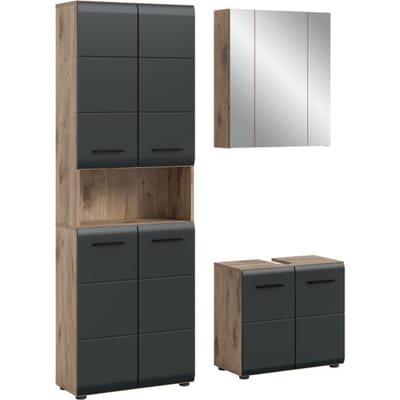 Badcombinatie 3-delig - Zwarte Hoge Kast met Wastafel en Spiegelkast - 135x185 cm