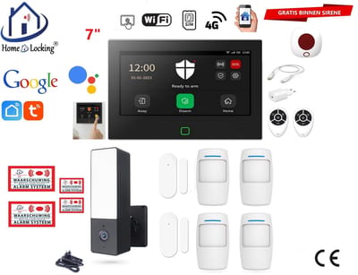 Draadloos / bedraad alarmsysteem met 7-inch touchscreen voor woning/camper/boot/caravan werkt met wifi en sim kaart en met spraakgestuurde apps. (Nederlands of Frans stem en tekst). ST01B-41
