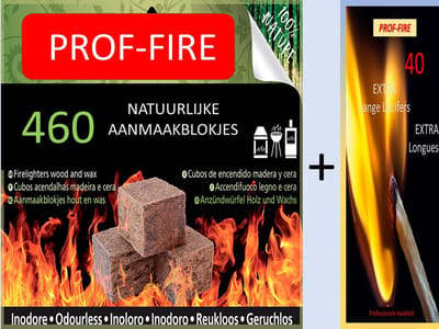 Prof-Fire - Voordeelbox 460 Aanmaakblokjes Bruin + 1 Doos Lange Lucifers - Co2 Neutraal - Milieuvriendelijk - Top kwaliteit
