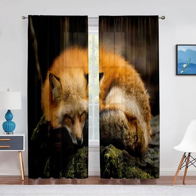 Schattige Dieren Vos Transparante Gordijnen voor Woonkamer Slaapkamer Keuken Huisdecoratie Elegante Rode Vos Tule Voile Gordijnen Ramen Draperieën 1 PCS W100XH250cm&Grommet Top
