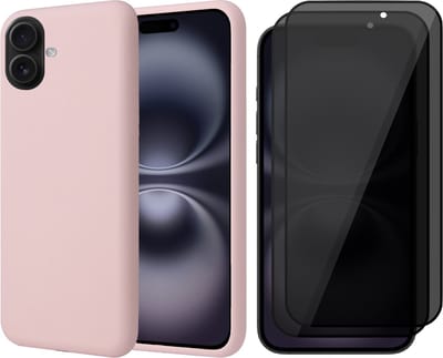 Hoesje geschikt voor iPhone 16 - 2x Privacy Screenprotector Volledig Dekkend Glas - Matte Case Roze met Fluweelzachte Binnenzijde