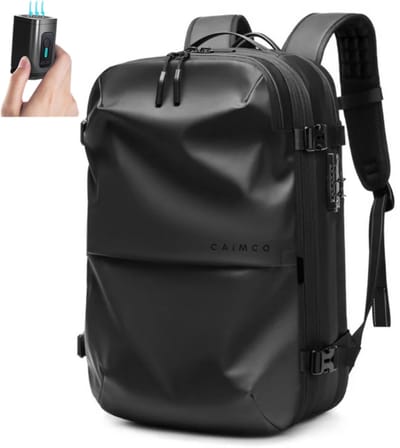 Caimco Traveler Vacuüm Rugzak met Compressiesysteem & Laptopvak – 22-48L – Uitbreidbare Waterafstotende Reistas – Handbagage Backpack voor Reizen & Zaken – Inclusief Vacuümpomp – Zwart