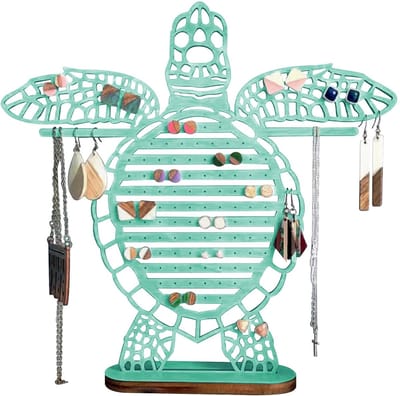 Dailygoods- Sieradenstandaard met blauwe schildpadden - Sieraden organizer - Oorbellen houder - Hanger voor 100 paar oorbellen - Milieuvriendelijk hout - Natuurlijke uitstraling - Sieradenhouder