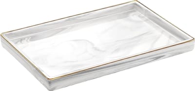 Sieradendienblad met gouden rand, hittebestendig keramisch badkamerdienblad, keukenplaat, sieradenopslag, organizer, cosmeticadienblad voor zeepdispenser, weefselkaarsen, L-formaat, wit marmer