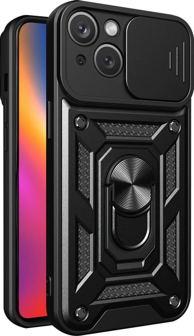Hoesje geschikt voor iPhone 15 met Ringhouder en Camera schuifje - Arara backcover - Zwart