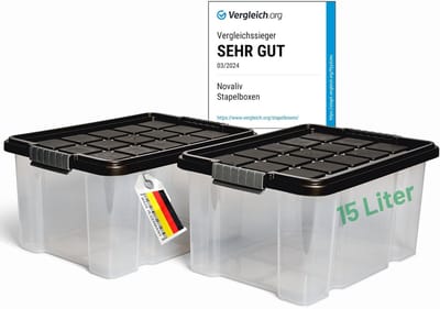 Novaliv 2x opbergdozen met deksel 15L antraciet Nestbare stapelbare opbergdozen met clipsluiting Kunststof doos BPA-vrij 41 x 29 x 20 cm