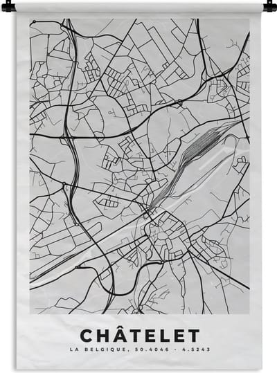 Wandkleed - Wanddoek - België – Châtelet – Stadskaart – Kaart – Zwart Wit – Plattegrond - 120x180 cm - Wandtapijt