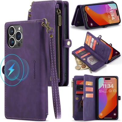 Casemania Hoesje Geschikt voor Apple iPhone 15 - Dark Purple - Luxe Portemonnee Book Case met Rits - Geschikt voor MagSafe