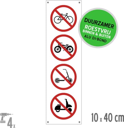 Pictogram/ bord Dibond + boorgaten | Verboden voor fatbikes/ fietsen/ steps/ bromfietsen | 10 x 40 cm | Duurzaam | Roestvrij | Overlast | Fietsers | E-step | Snorfiets | Verbodsteken | 1 stuk