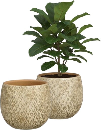 Mica decorations Bloempot / plantenpot Madeira - 2x - creme - terracotta - 16 x 16 cm - schubbenpatroon