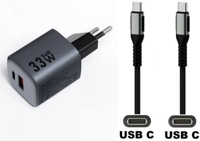 OneOne 33W snellader met 2 poorten + 0,25m sterke USB C naar C kabel. GAN lader. PD PPS oplader adapter past op Apple iPhone 16 Pro Max, iPhone 16e, iPad 9, iPad 10, iPad Air 4, iPad Air 5, iPad Mini 6, iPad Pro 11, iPad Pro 12.9