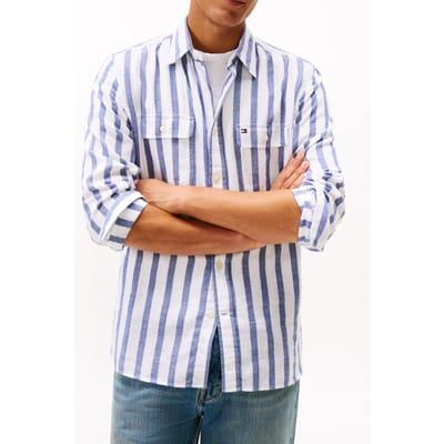 Tommy Hilfiger Brushed Linen Twill Shirt Bold Blue/stripe Taglia: M | Camicie Casual Outlet | Uomo | Bianco