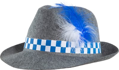 dressforfun - Grijze kostuumhoed blauw-wit - verkleedkleding kostuum halloween verkleden feestkleding carnavalskleding carnaval feestkledij partykleding - 302848