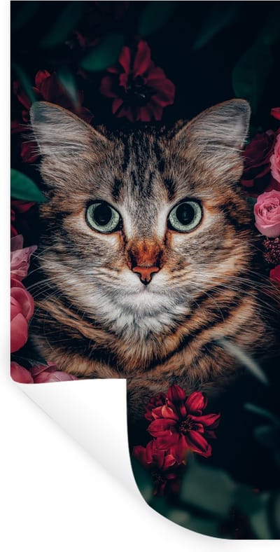 Muurstickers - Sticker Folie - Kat - Bloemen - Dieren - Botanisch - 40x80 cm - Plakfolie - Muurstickers Kinderkamer - Zelfklevend Behang - Zelfklevend behangpapier - Stickerfolie
