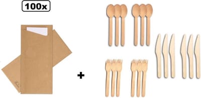 100x Bestekpochet 8x20cm Nature Kraft + servet + houten bestekset - bestek pochet servetten tissue diner eten festival snack carnaval festival evenement kerst thema feest