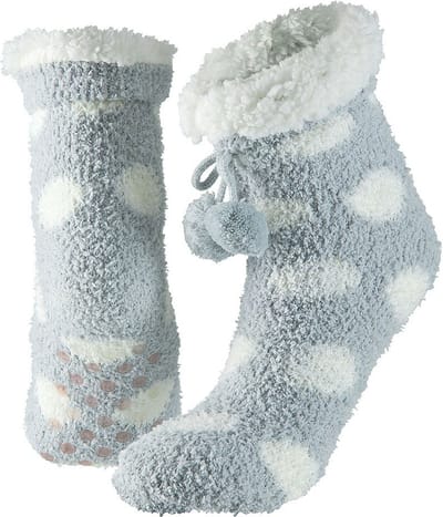 Apollo Huissokken/slofsokken - grijs met witte stippen - dames - anti-slip - fleece - one size - Slaapsokken/bedsokken