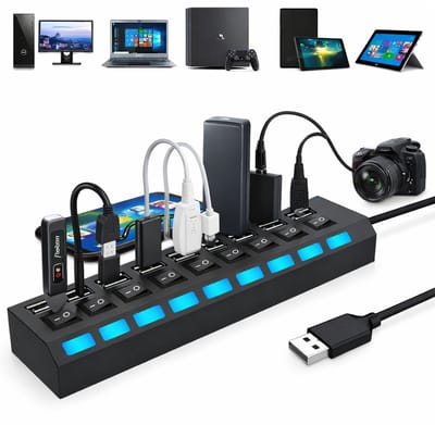 HI Speed Zakelijke USB Splitter – USB Hub 7 Poorten – Met Individuele Aan/Uit Switch – High Speed 480Mbps – Voor Laptop & Desktop – Zwart