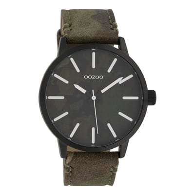 OOZOO Timepieces - Zwarte horloge met camouflage leren band - C10003