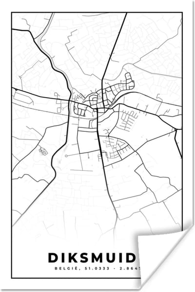 Poster België – Diksmuide – Stadskaart – Kaart – Zwart Wit – Plattegrond - 120x180 cm XXL