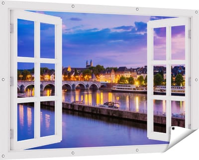 Gards Tuinposter Doorkijk Maastricht Maas Rivier bij de Sint Servaasbrug - 150x100 cm - Tuindoek - Tuindecoratie - Wanddecoratie buiten - Tuinschilderij