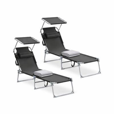 Signature Home ligstoel - Opklapbare ligstoel - set van 2 - ligstoel met hoofdsteun - tuinligstoel - maximaal draagvermogen 110 kg - verstelbare zonneklep en rugleuning - zwart - 189 x 53 x 28,5 cm