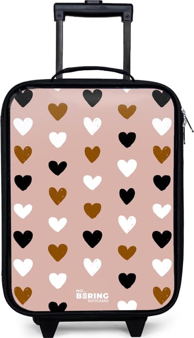 NoBoringSuitcases.com® - Kinderkoffer jongen - Kindertrolley meisje - Zwart, wit en bruin hartjespatroon op oudroze achtergrond - Koffer kind lichtgewicht - Reiskoffer trolley voor kinderen - Koffertje met lichtgevende wieltjes - Rolkoffer zwart