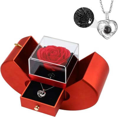 Eternal Flower Rose Box met Hartketting in 100 Talen, Perfecte Cadeaus voor Moeder, Vriendin of Oma, Valentijns- en Verjaardagscadeaus