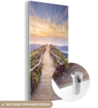 MuchoWow® Glasschilderij 20x40 cm - Schilderij acrylglas - Bergen - Natuur - Pad - Foto op glas - Schilderijen